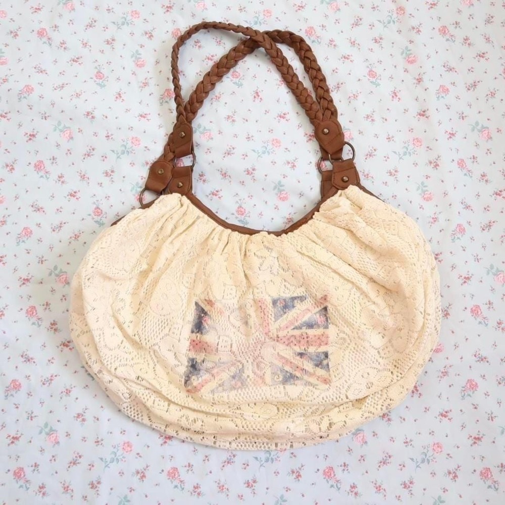 cream lace union jack slouchy hobo shoulder bag